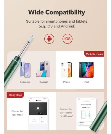 BEBIRD M9 Ear Wax Removal Tool with Ear Camera and 6 LED Lights - 1080P Ear Scope for Adults and Kids - Ear Cleaner with Reusable Soft Ear Scoops - Green - Buy Online on GoSupps.com