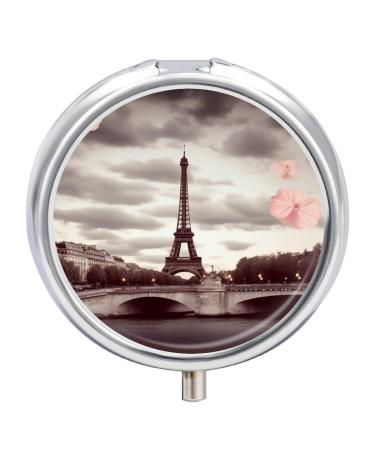 Pill Box Pill Case 3 Compartment Travel Pill Box Romantic Travel in Paris Printing Small Pill Box Portable Medicine Pill Case Pill Organizer for Purse & Pocket for Travel Handbag (Round)