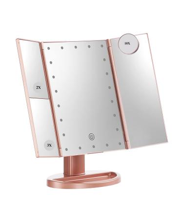 HMGOLD Makeup Vanity Mirror with LED Lights  2X 3X 10X Magnification Portable Makeup Mirror Gifts for Women  Dual Power Supply  Touch Control Dimmable  Travel Makeup Mirror Rose Gold