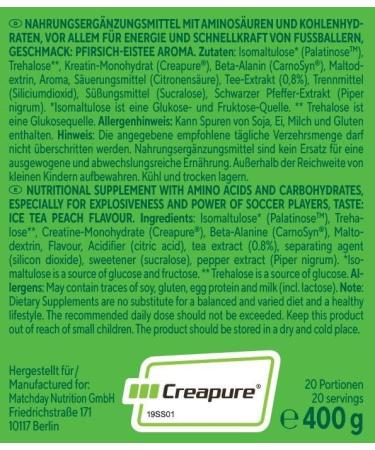 Matchday Nutrition Boost - 90 Minutes of Full Throttle Football | ATP Booster with Amino Acids & Carbs | Enhanced Speed Explosiveness & Endurance | 20 Portions (Ice Tea Peach) - Buy Online on GoSupps.com