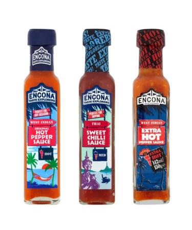 Encona Sauce Variety Pack - Extra Hot Pepper Thai Sweet Chilli Hot Pepper Sauce 142Ml Each - Authentic Flavors for Cooking & Dipping (3 mixed Bottles)