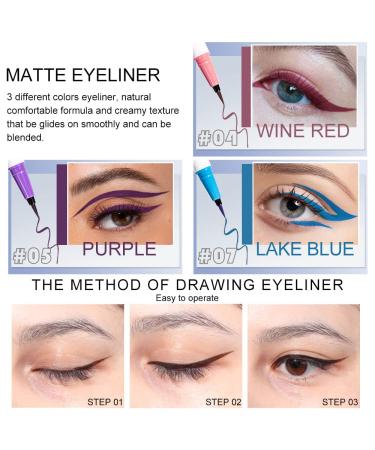 Matte Waterproof Colored Eyeliner Set - 3Pcs Wine Red, Purple, Light Blue Liquid Eye Liner Pen Pencil - Long Lasting Delineador de Ojos de Colores - 3 Count Pack - Buy Online on GoSupps.com