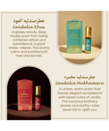 Dukhni Attar Oil Set | Authentic Arabic Fragrance Oils | Alcohol-Free & Halal | Sandalia, Sandal Mukhamara, Sandal Rose, Sandal Ambari, Sandal Khus, Sandal Jasmine - 6ml each - Buy Online on GoSupps.com
