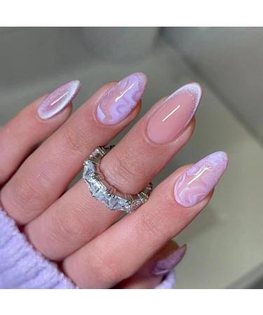 24 Pcs Purple Press on Nails Short Almond - SHANRUN Spring Fake Nails Press ons Nail Art Tip Glue on Nails Full Cover Summer Acrylic French False Nails with Cat's Eye Design Stick on Nails for Women Design A5