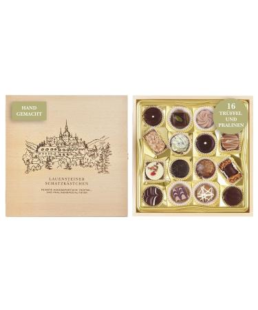 Lauenstein Confiserie Lauensteiner Treasure Box - 200 g of finest truffles and chocolates assorted 16 times with or without alcohol in an elegant wooden gift box - for birthday or just because