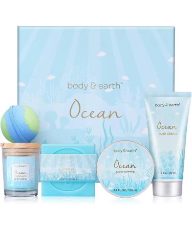 BODY & EARTH Pamper Gifts for Women 5 Pcs Ocean Bath Spa Gift Set Includes Scented Candle Body Butter Gifts for Women Birthday gifts for women Gift Sets for Women Relaxation Gifts for Women