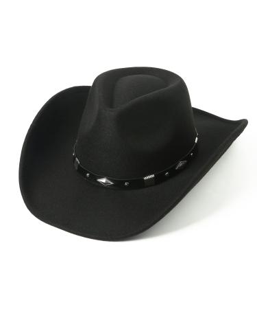 Lanzom Women Men Classic Felt Wide Brim Western Cowboy Cowgirl Hat with Belt Buckle Black Medium