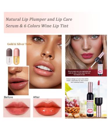 SWETIYOU Lip Plumper Set - Natural Lip Care Serum & 6 Pcs Matte Liquid Lipstick Stain Set - Long Lasting & Waterproof Wine Lip Tint Gloss - Buy Online on GoSupps.com