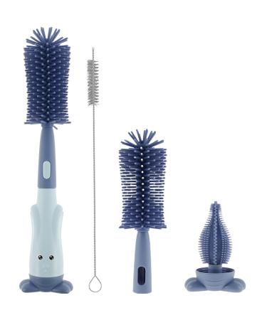 3 in 1 Baby Bottle Brush Set Lone Handle Silicone Bottle and Teat Cleaning Brush with Stand Portable Straw Nipples Cleaner Brush Reusable for Baby Bottles Water Glass Cup Thermoses(Blue)