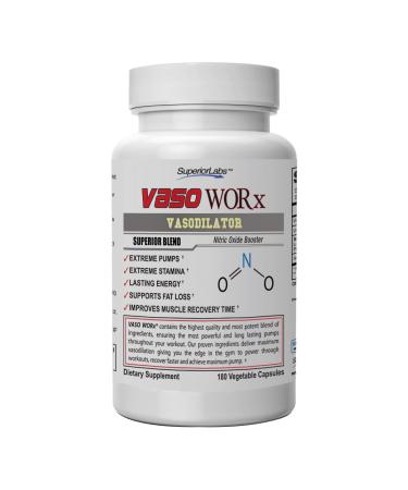 Superior Labs  VASOWORx  Nitric Oxide Supplement  Extra Strength - 1,600 mg, 180 Vegetable Capsules  7 Powerful Ingredients  Increased Energy, Stamina, & Circulatory Support