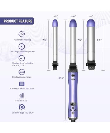 Beach Wave Rotating Hair Curling Iron with 3 Interchangeable Barrels - LCD Display, Fast Heat-up, Ceramic Coating - Purple - Buy Online on GoSupps.com
