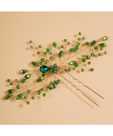 Teyglen Bridal Green Rhinestones Hair Pins Rhinestones Crystals Wedding Bride Hair Accessories Gold Silver Purple Blue Rhinestones Hair Pieces for Women (Green)