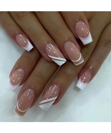 FEIlei 24Pcs Long Press on Nails Coffin French Fake Nails Tip Gradient for Women