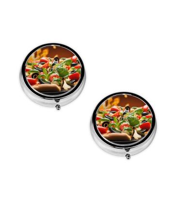 (Large Pizza) Round Pill Box 3 Compartment Pill Box Mini Decorative Pocket Purse Portable Travel Medicine Tablet Vitamin Holder Organizer Pill Case