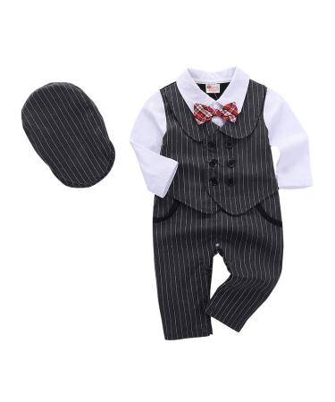 AmzBarley Baby Boys Gentlemans Outfit Suit Kids Long/Short Sleeve Dress Shirt Pants Vest Bowtie Tuxedo Rompers Childs Birthday Evening Holiday Party Black 103-b 18-24 Months