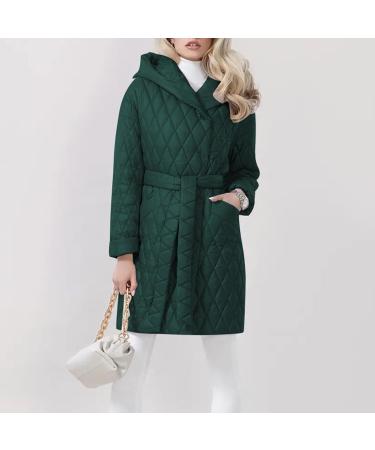 Womens Diamond Quilted Long Puffer Jacket Coat Hooded Button Up Jacket Coats with Pockets Belt Long Trench Coat Green#10 Medium - Buy Online on GoSupps.com