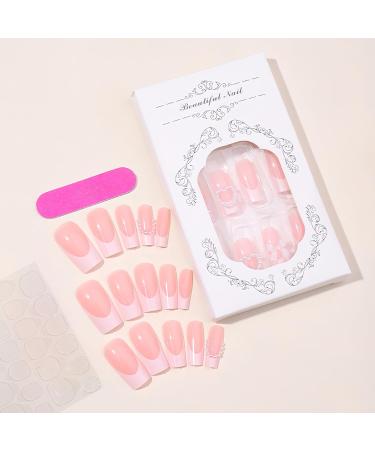 Luxury French Tip Press on Nails - Medium Square Glossy Full Cover with Pearls & 3D Bow Rose Charms - 24 Pcs for Women & Kids - Perfect Manicure Decor - Buy Online on GoSupps.com