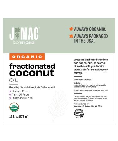 J MAC BOTANICALS Organic Fractionated Coconut Oil (16 oz) - Essential Oil Carrier for Hair, Skin & Aromatherapy - Buy Online on GoSupps.com