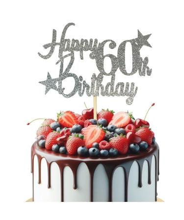 Glittered Elegance Happy 60th Birthday Glittered Cake Topper - Party Supplies Decorations Decor (60th Birthday Silver) Silver 60th Birthday