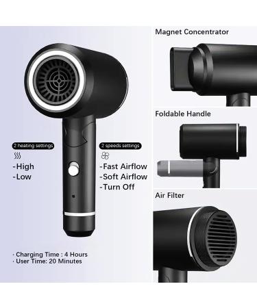 WTTTTW Cordless Hair Dryer Gift Set Low-Heat Rechargeable Blow Dryer w/Magnetic Nozzle Folding Travel Hair Dryers Suitbale for All Hair Types Black - Buy Online on GoSupps.com