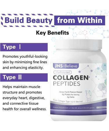 JNS-Believe Collagen Peptides Powder for Skin Hair and Nails Bovine Hydrolyzed Collagen Peptides for Women and Men Unflavored Protein Supplements 16 oz 45 Servings - Buy Online on GoSupps.com