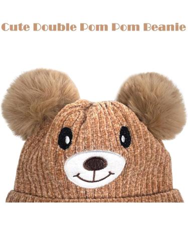 Cute Bear Kids Winter Hat | Ear Flaps, Dual Pom-Pom | Toddler Fleece Lined Earflap Cap - Khaki - Buy Online on GoSupps.com
