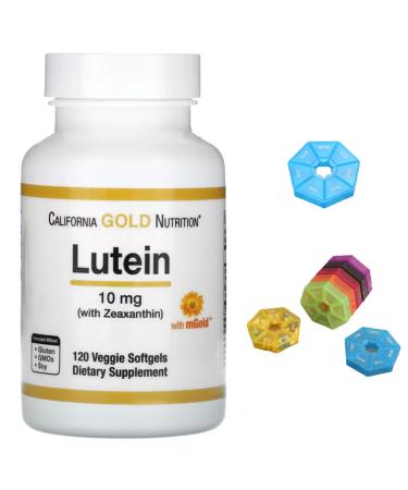 Lutein with Zeaxanthin Compatible With California Gold Nutrition 10 mg 120 Veggie Softgels + Bonus Pill Organizer Weekly Pill Organizer Mini