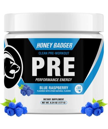 Honey Badger Pre Workout Powder Keto Vegan Preworkout for Men & Women Beta Alanine & Caffeine 30 Servings - Blue Raspberry