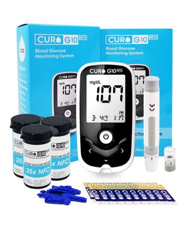 CURO G10 Glucose Home Test Kit : NFC Enabled Connect with CUROfit on iOS & Android Devices- Blood Sugar Monitor Device, 10, 60 or 110 Test Strips!! Completion of Necessary Equipment for Test (60)