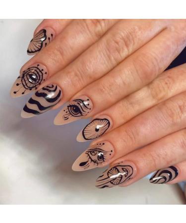 Justotry 24 pieces swirl almond nails to stick on with animal patterns black French press on nails oval artificial nails fake nails fingernails artificial nails for women black & oval1