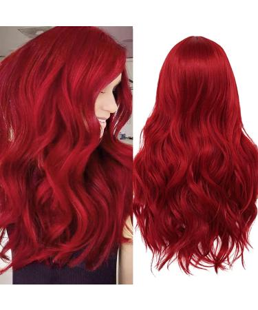 Amnenl Long Wavy Red Wig for Women Middle Part Synthetic Hair Replacement Wig for Halloween Cosplay Daily Use
