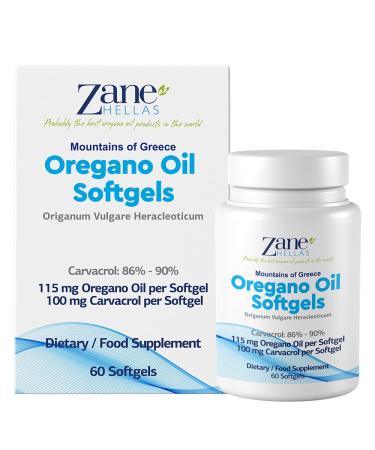 Zane Hellas Oregano Oil Softgels. Extra Strength. Every Softgel Contains 20% Greek Essential Oil of Oregano. 100 mg Carvacrol per Softgel. 60 Softgels.