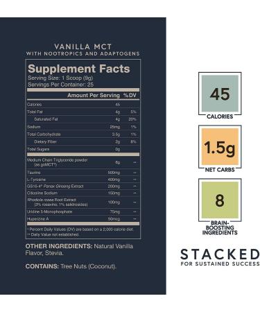 LIFESTACKS Vanilla MCT Oil Powder with Nootropics & Adaptogens - All Day Energy Boost, Keto Coffee Enhancer - Ginseng, Rhodiola, Tyrosine - 25 Servings - Buy Online on GoSupps.com