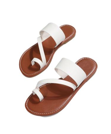 Summer Ladies Flat Sole Sandals Outdoor Casual PU Leather Cutout Slip-on Orthopedic Bunion Corrector Open Toe Sandals for Big Toe Foot Correction Sandals 5.5 White