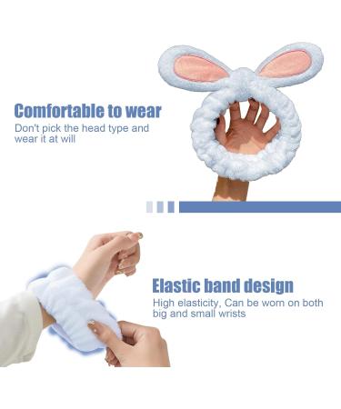 3 Pieces Cute Bunny Ear Headband and Wrist Straps Set for Washing Face Spa Soft Elastic Facial Care hairband Fluffy Headband Wristbands for Women Girls Shower Sports Makeup Bath (Blue) - Buy Online on GoSupps.com
