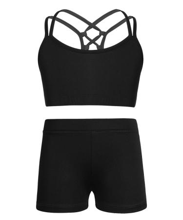 CHICTRY Kids' Girls' 2 Piece Activewear Set Strappy Sport Bra and Booty Short for Dancing Tumbling Athletic Gymnastics Strappy Black 11-12 Years