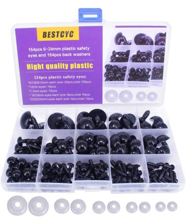 154pcs Black Solid Plastic Safety Eyes with Washers for DIY Crafts - Teddy Bear Dolls, Plush Animals, Puppets - 1Box - 12 Sizes - Buy Online on GoSupps.com