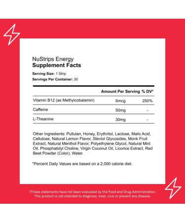 Natural Energy Strips - 50mg Caffeine L-Theanine & Vitamin B12 | 30 Energy Strips Equals 30 Energy Drinks | Fast Absorption Energy Solution - Buy Online on GoSupps.com