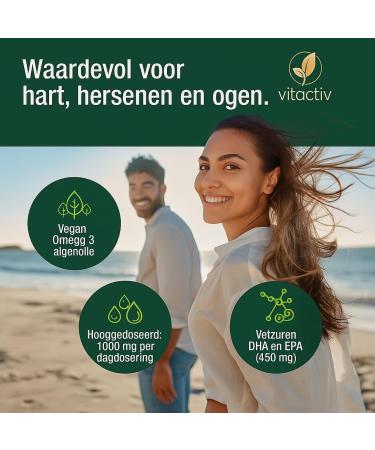 Vitactiv Natural Nutrition VITACTIV Omega 3 pack of 60 capsules of algae oil Omega 3 Vegan Marine Highly dosed with 1000 mg microalgae oil per daily dose 450 mg omega3 fatty acids DHA & EPA - Buy Online on GoSupps.com