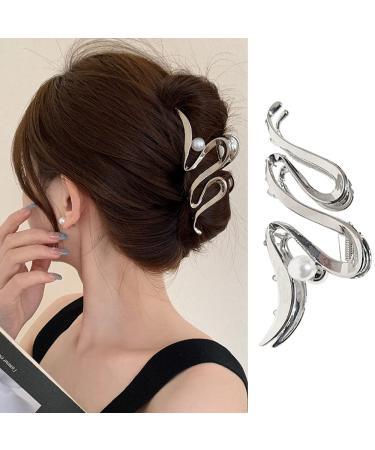Silver Irregular Hair Claw Clips Metal Hair Clip Exquisite Silver Wave Pearl Designs Hair Jaw Clips Large French Frigid Style Hair Clip for Thick/Thin Hair Accessories for Women Girls Hair Decorations