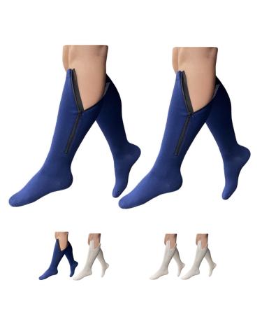 Closed Toe 15-20 mmHg Compression Zipper Socks White Navy 2 Pairs (2X-Large Navy) 2X-Large Navy