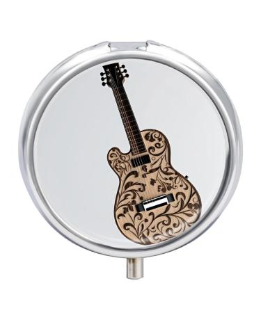 Pill Box Pill Case 3 Compartment Travel Pill Box Guitar Design Printing Small Pill Box Portable Medicine Pill Case Pill Organizer for Purse & Pocket for Travel Handbag (Round)