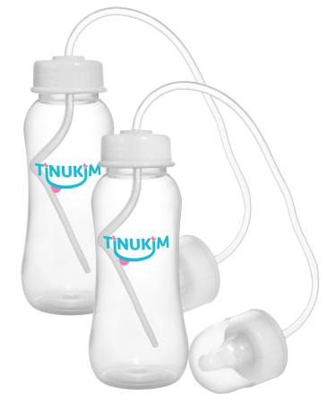 Tinukim iFeed 9 Ounce Self Feeding Baby Bottle with Tube - Handless Anti-Colic Nursing System White - 2-Pack 9 Ounce White