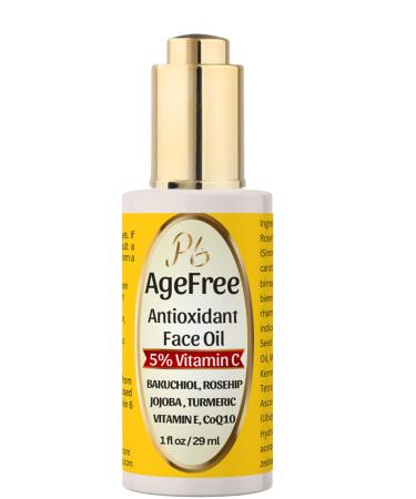 AgeFree Antioxidant Face Oil 5% Vitamin C Face Oil with Bakuchiol Turmeric Moringa Rosehip Jojoba Carrot Seed & CoQ10 Anti-Aging Hydrating Reduce Wrinkles Fine Lines Bakuchiol Face Oil
