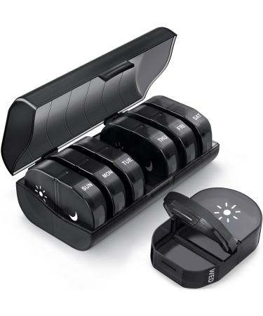 Weekly Pill Organizer 2 Times a Day Travel AM PM Pill Box 7 Days with Black Privacy Protection Large Capacity Daily Pill Case for Medications Vitamins Fish Oils and Supplements