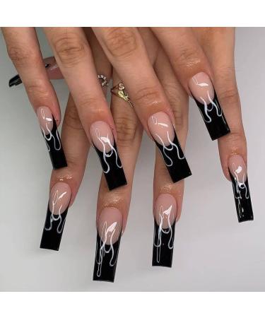 Vatocu coffin artificial nails long red black white nails to stick on false nails ballerina acrylina acrylic press on nails for women (24 pieces) transparent black