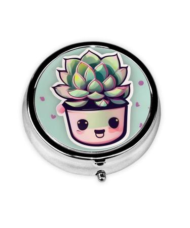 Smiling Succulentsround Pill Box 3 Compartment Round Pill Box Organizer Portable Travel Pill Box for Traveling.