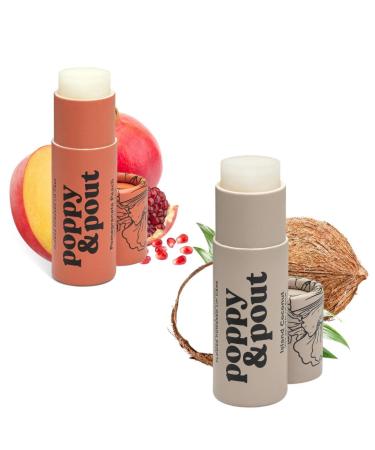 Poppy & Pout Jumbo Lip Balm 2 Pack All Natural Lip Balms & Moisturizers Hydrates with Beeswax Vitamin E Organic Coconut Island Coconut & Pomegranate Peach