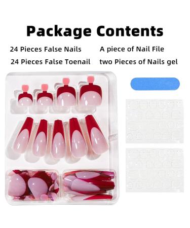 48 Pcs French Tip Square Press on Nails & Toenails Set - White Pink Medium Coffin Glossy False Nails for Women & Girls with Adhesive Glue & Nail File - Buy Online on GoSupps.com