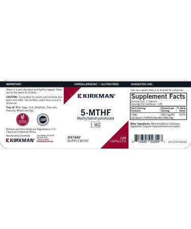 Kirkman 5-MTHF 1mg - 120 Vegetarian Capsules - Folic Acid for Pregnancy & Nursing - Hypoallergenic Supplement - Buy Online on GoSupps.com
